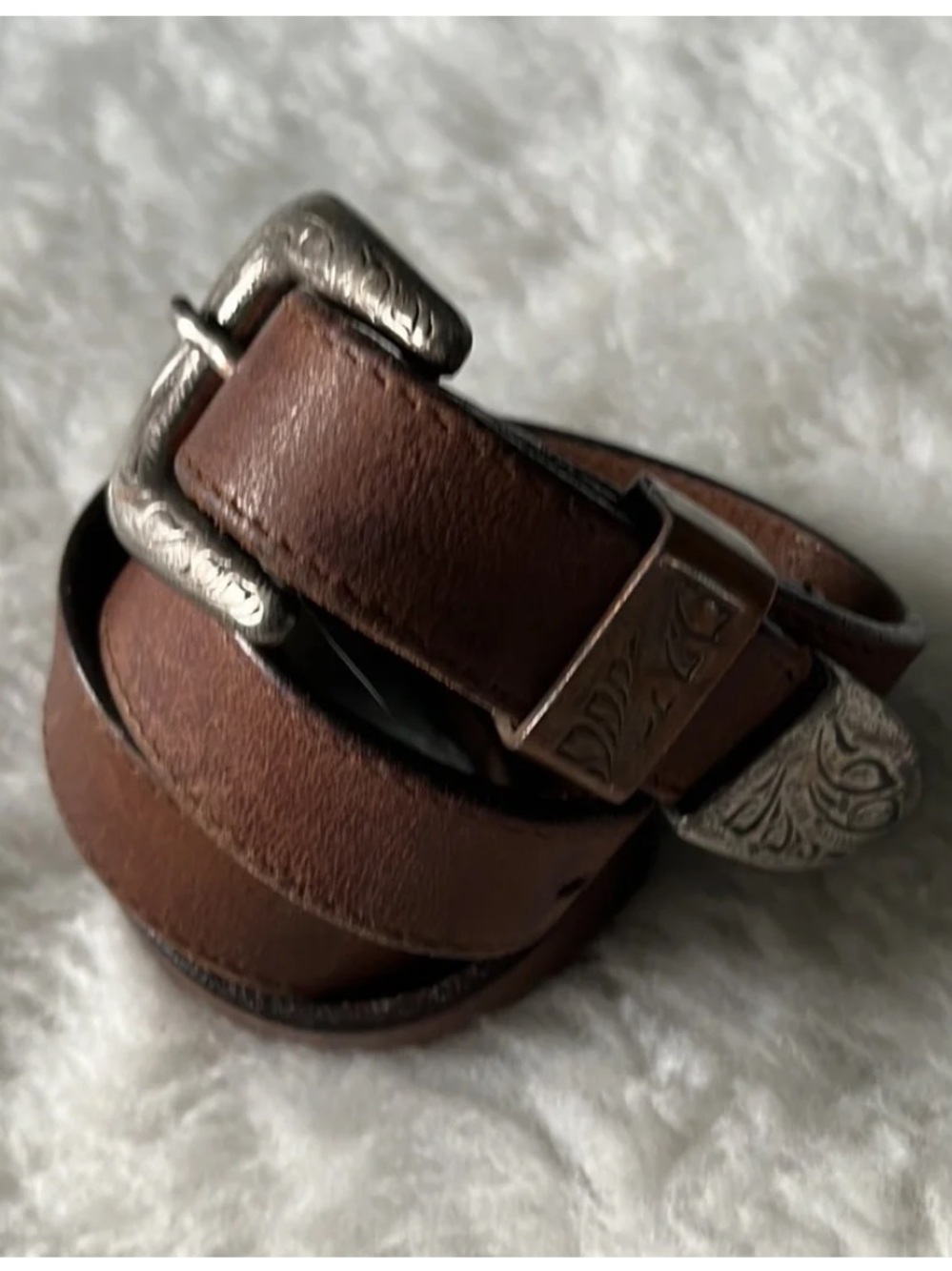 Vintage Frontier Line brown leather belt with fancy engraved buckle and end 32 - Picture 2 of 10
